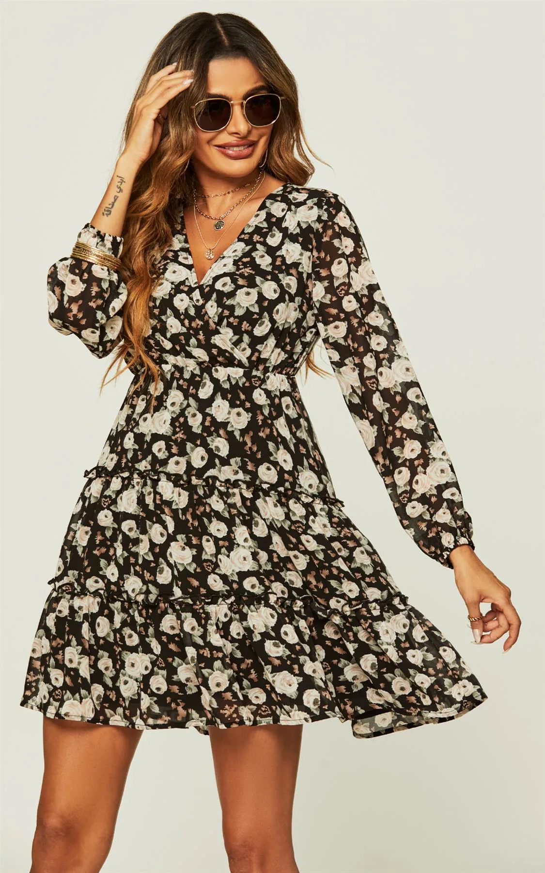 Long Sleeve Floral Layer Wrap Mini Dress In Black