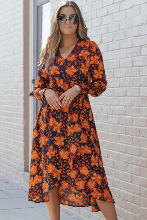 Long sleeve Floral Print Faux Wrap Midi Dress