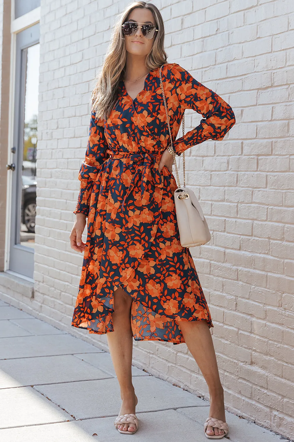 Long sleeve Floral Print Faux Wrap Midi Dress
