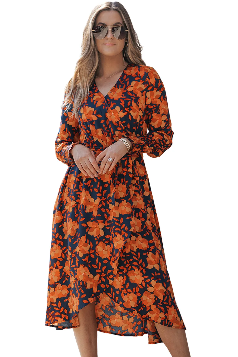 Long sleeve Floral Print Faux Wrap Midi Dress