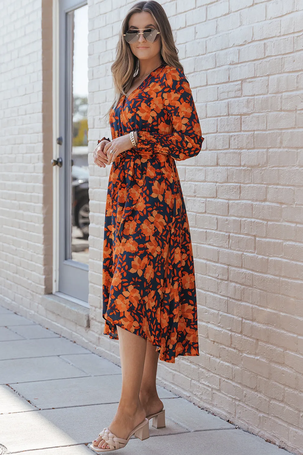 Long sleeve Floral Print Faux Wrap Midi Dress