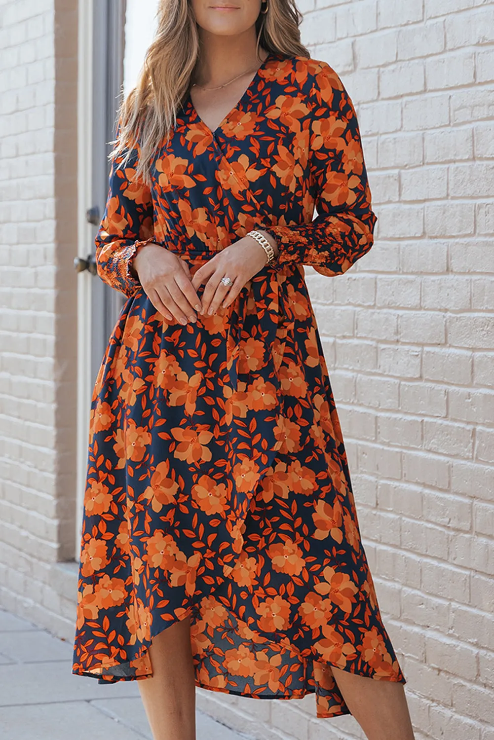 Long sleeve Floral Print Faux Wrap Midi Dress