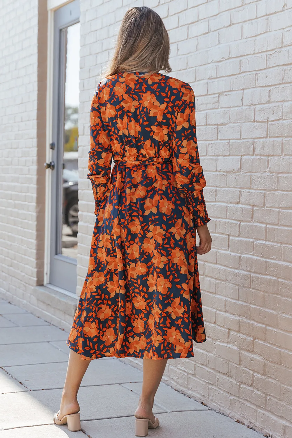 Long sleeve Floral Print Faux Wrap Midi Dress