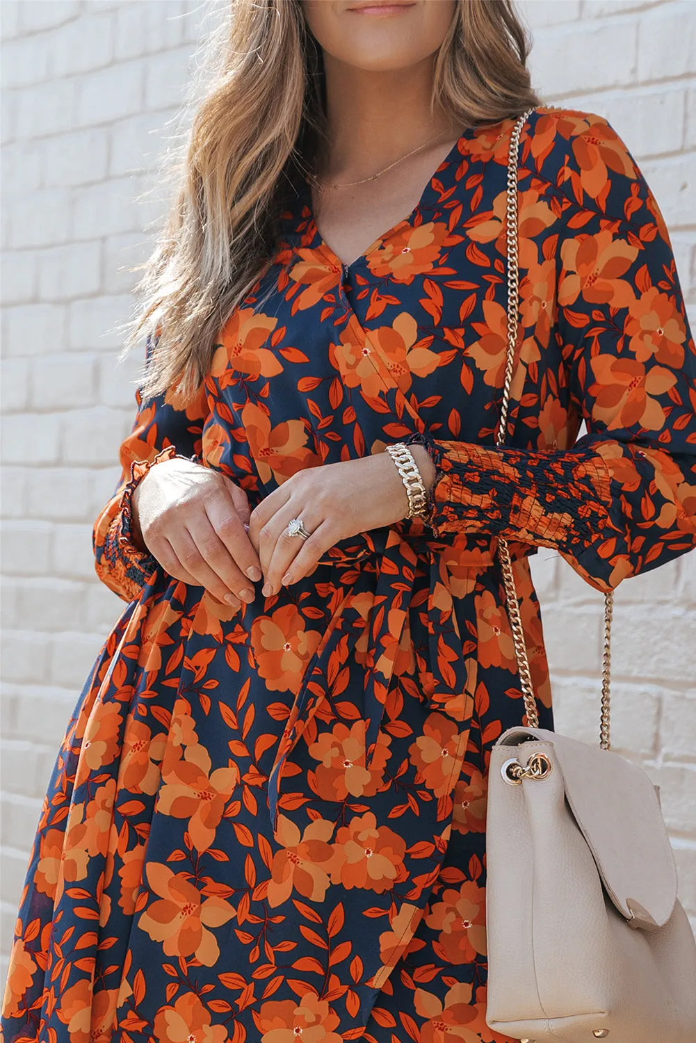 Long sleeve Floral Print Faux Wrap Midi Dress