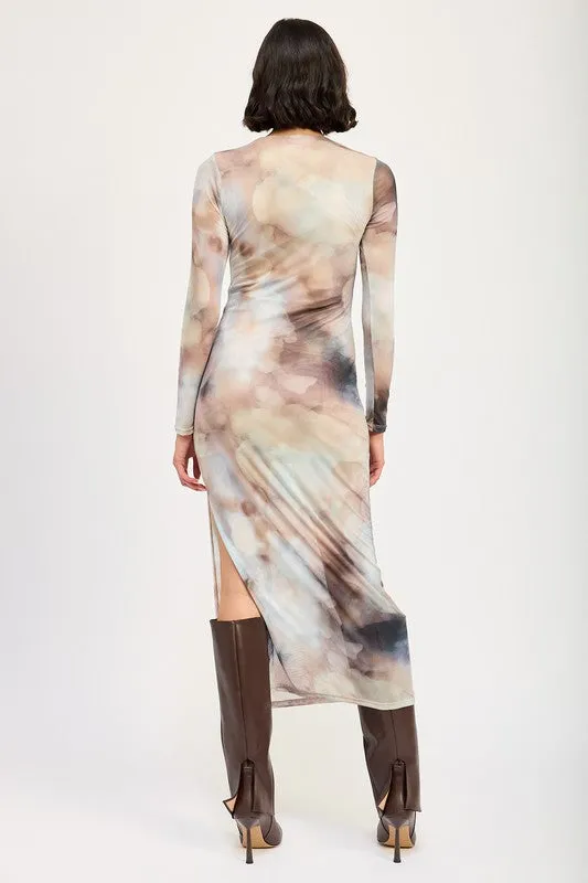 LONG SLEEVE MIDI DRESS WITH SLIT
