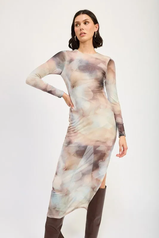 LONG SLEEVE MIDI DRESS WITH SLIT