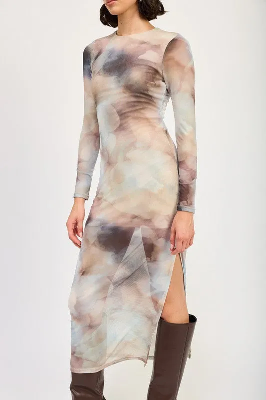 LONG SLEEVE MIDI DRESS WITH SLIT