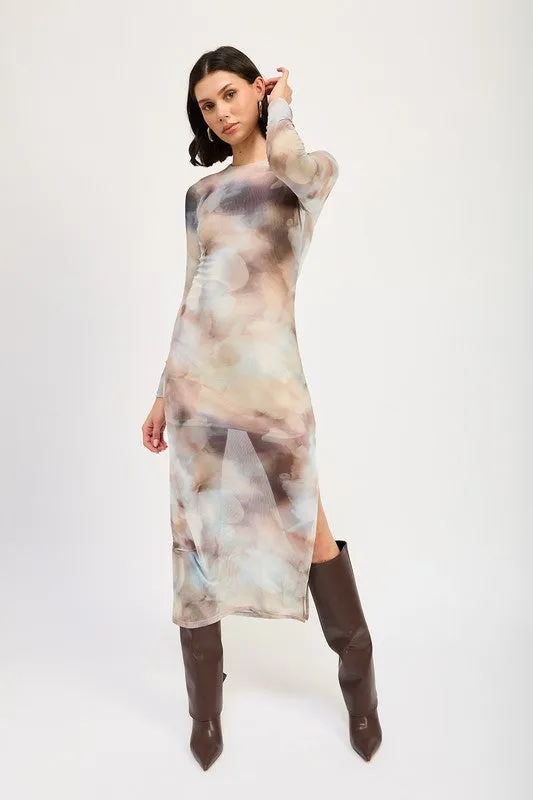 LONG SLEEVE MIDI DRESS WITH SLIT
