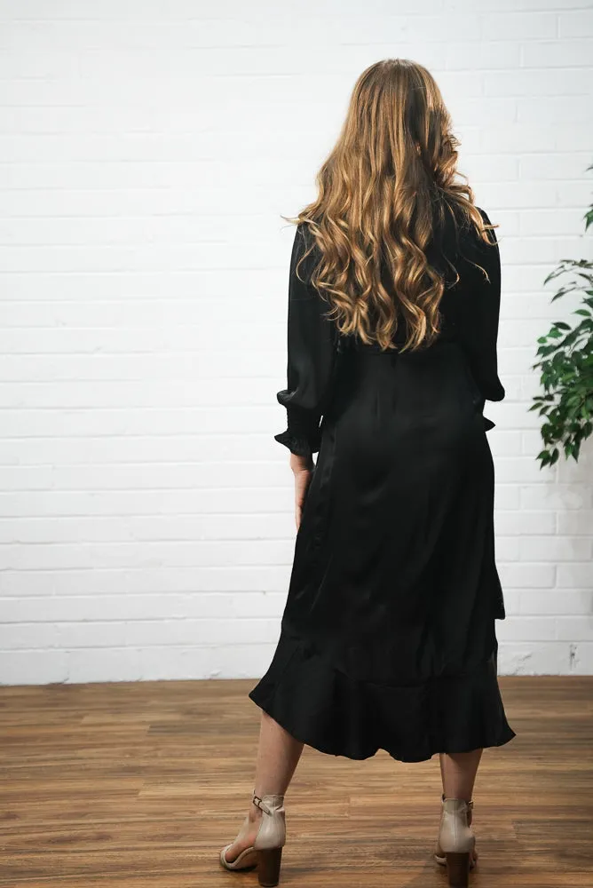 Long sleeve satin midi dress | LARA DRESS