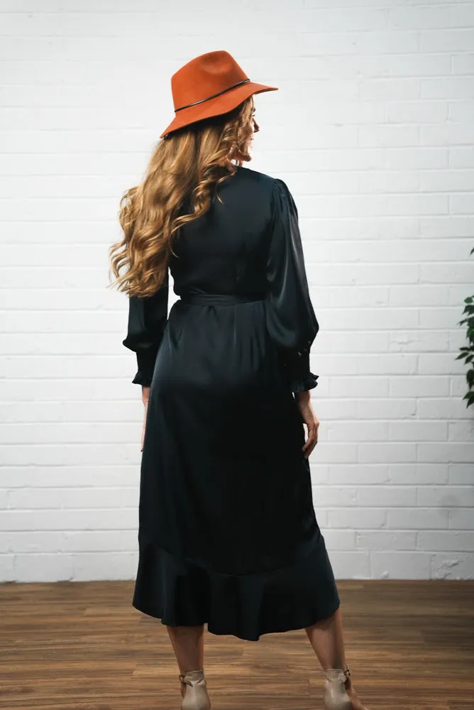 Long sleeve satin midi dress | LARA DRESS