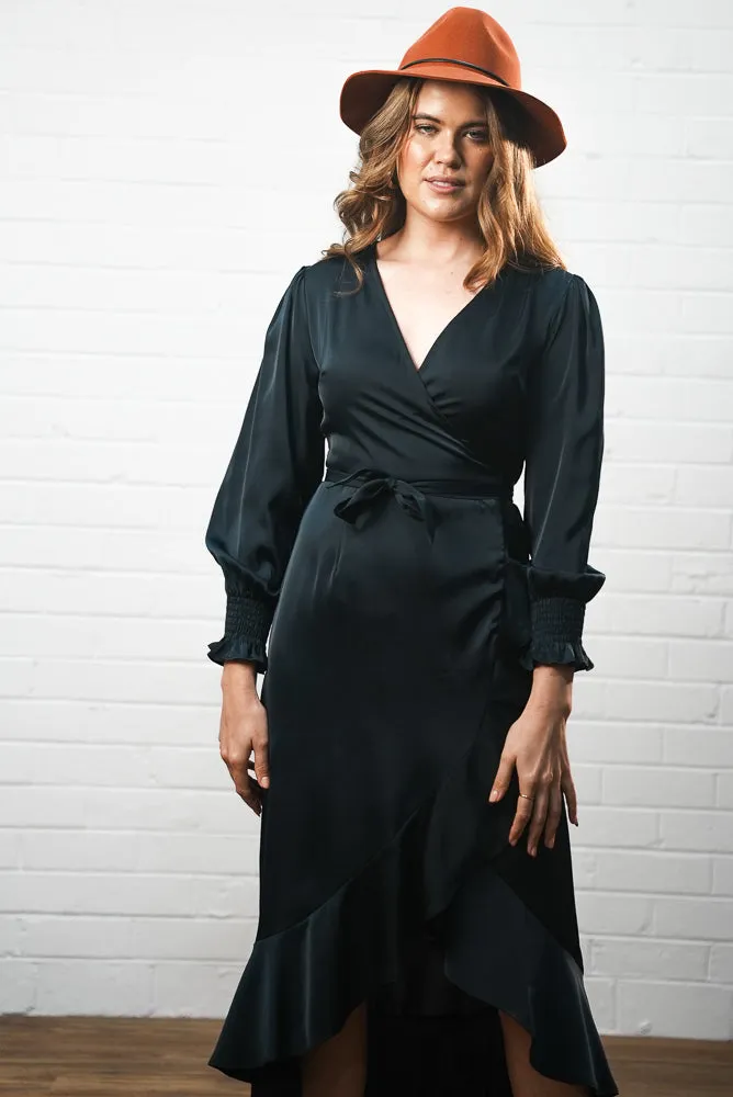 Long sleeve satin midi dress | LARA DRESS