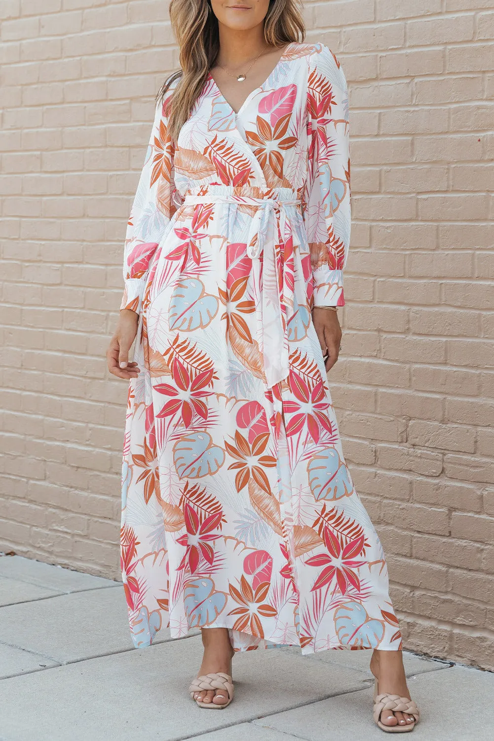 Long Sleeve Tropical Print Wrap V-Neck Maxi Dress