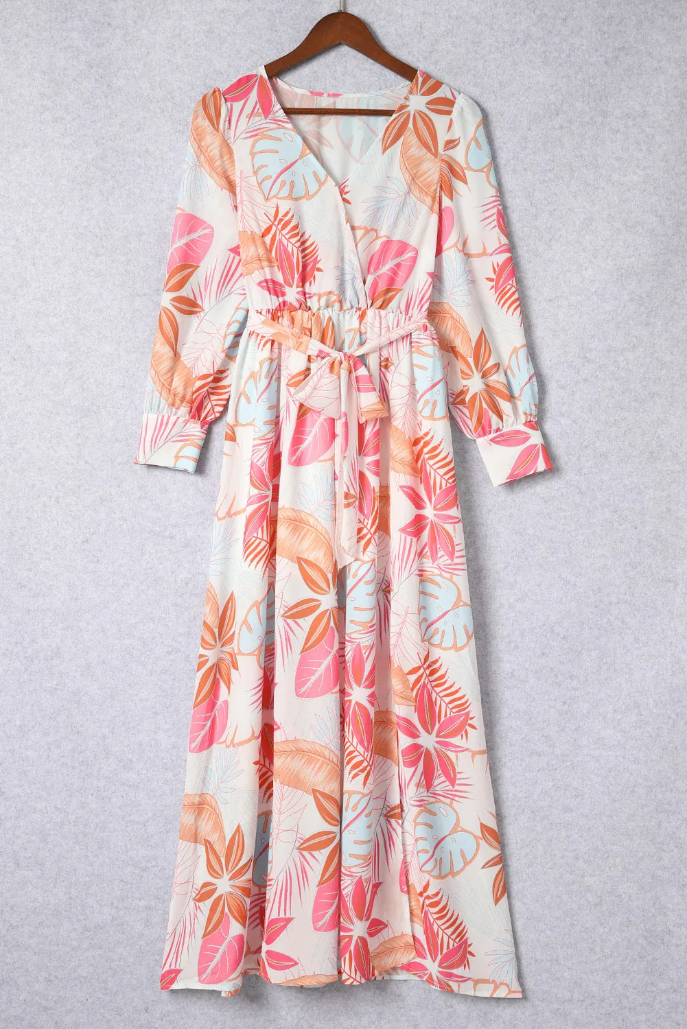 Long Sleeve Tropical Print Wrap V-Neck Maxi Dress