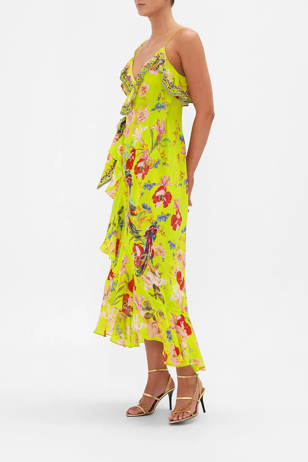 LONG WRAP DRESS WITH FRILL PEACOCK PROUD