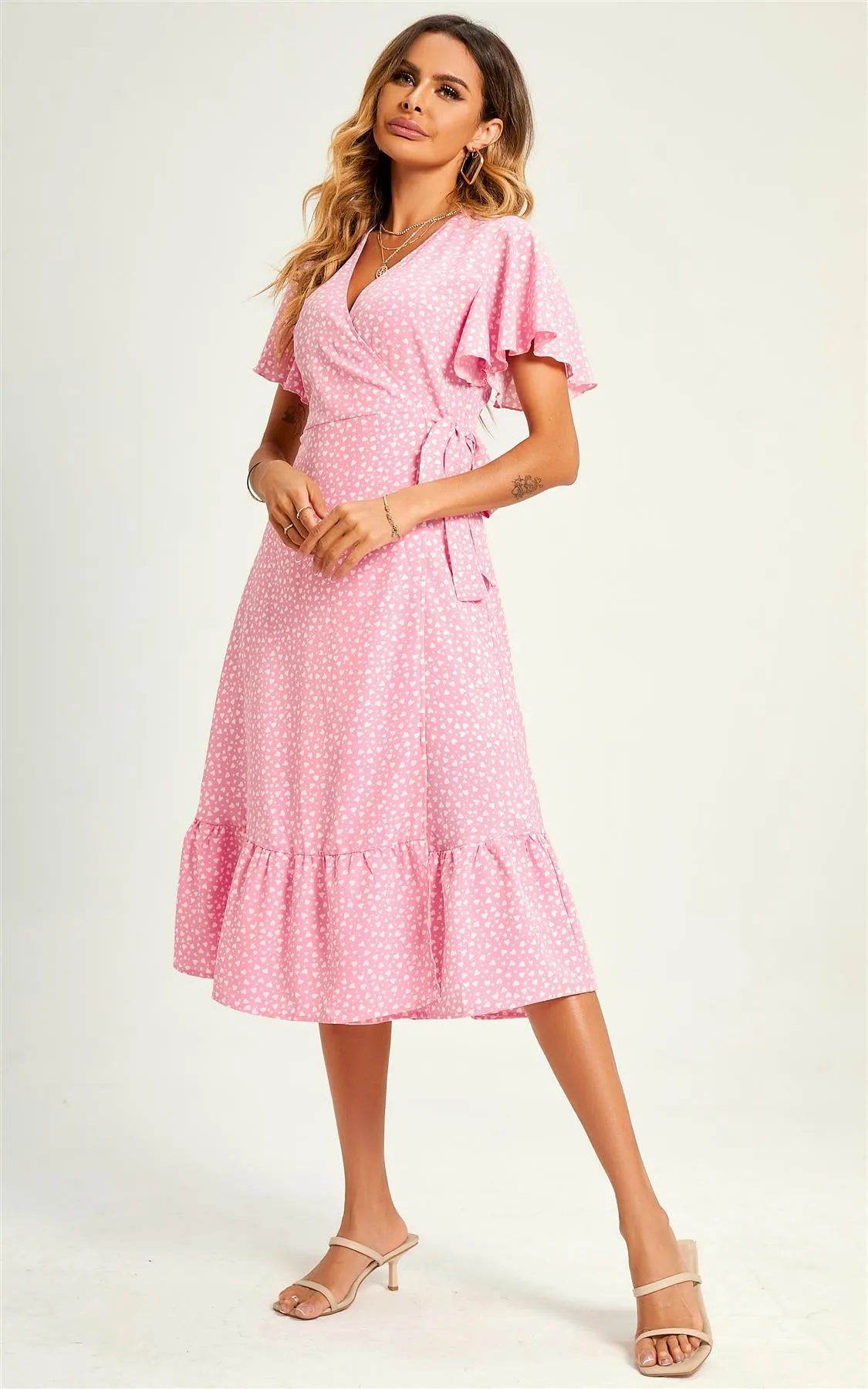 Lovely Heart Print Hem Tiered Wrap Midi Dress In Pink