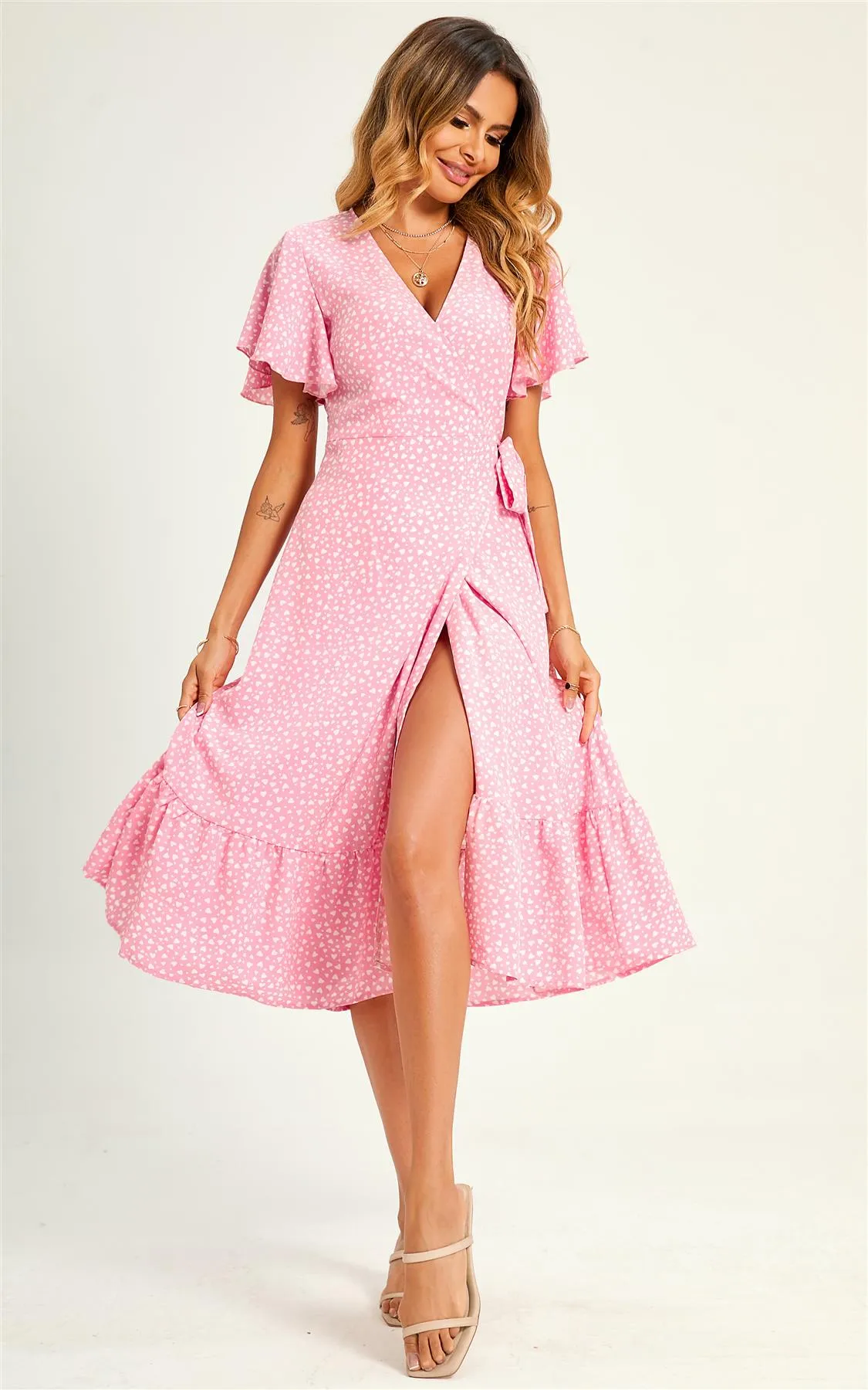 Lovely Heart Print Hem Tiered Wrap Midi Dress In Pink