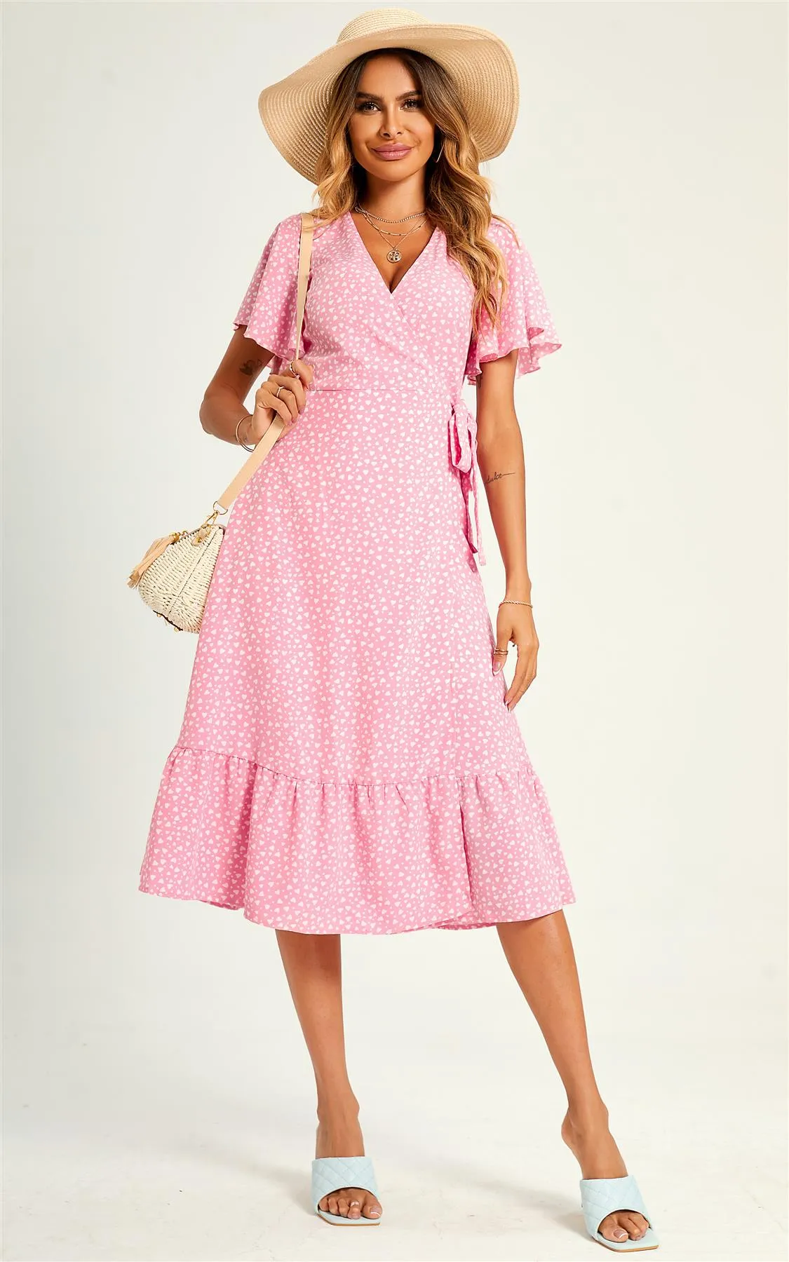 Lovely Heart Print Hem Tiered Wrap Midi Dress In Pink