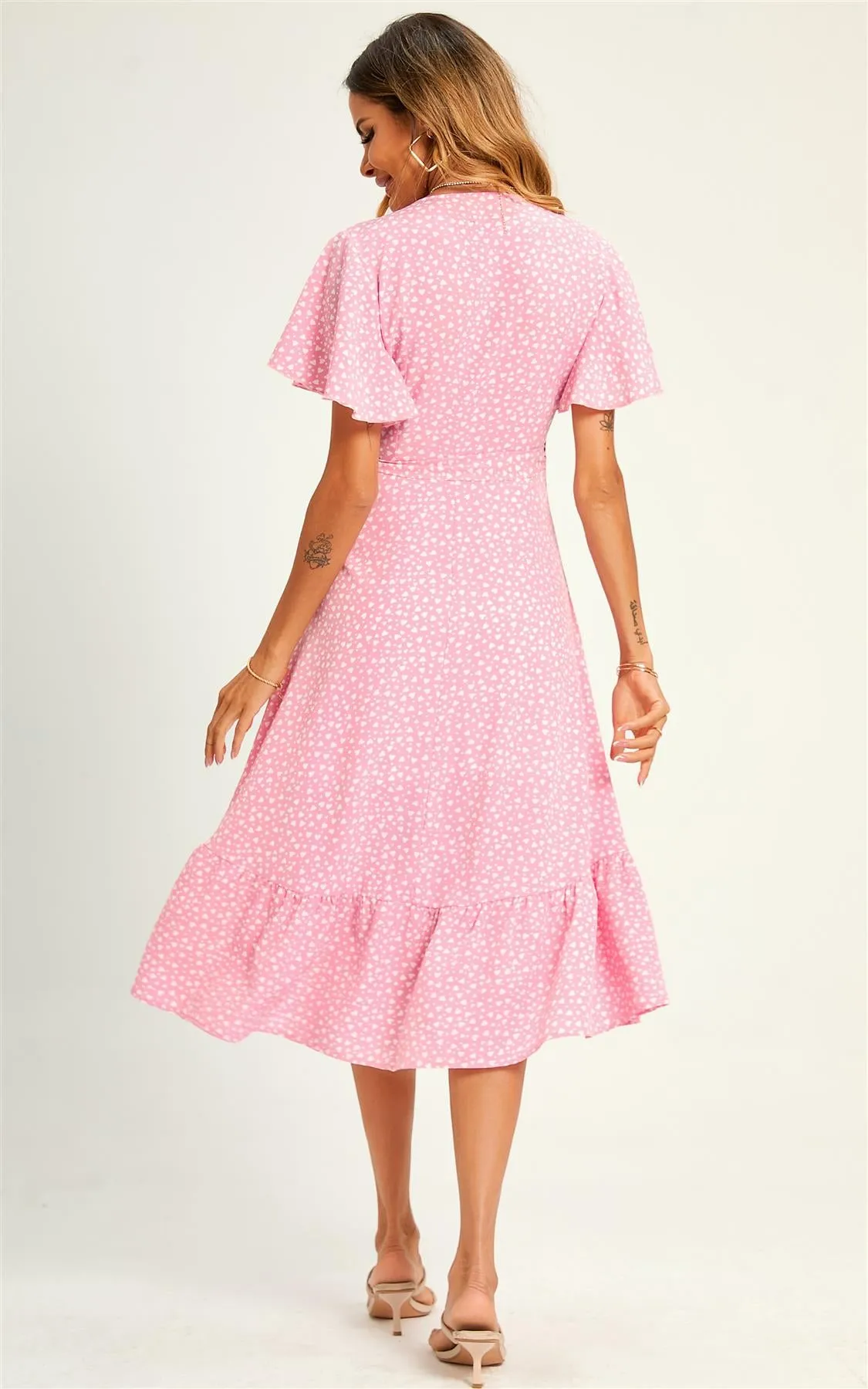 Lovely Heart Print Hem Tiered Wrap Midi Dress In Pink