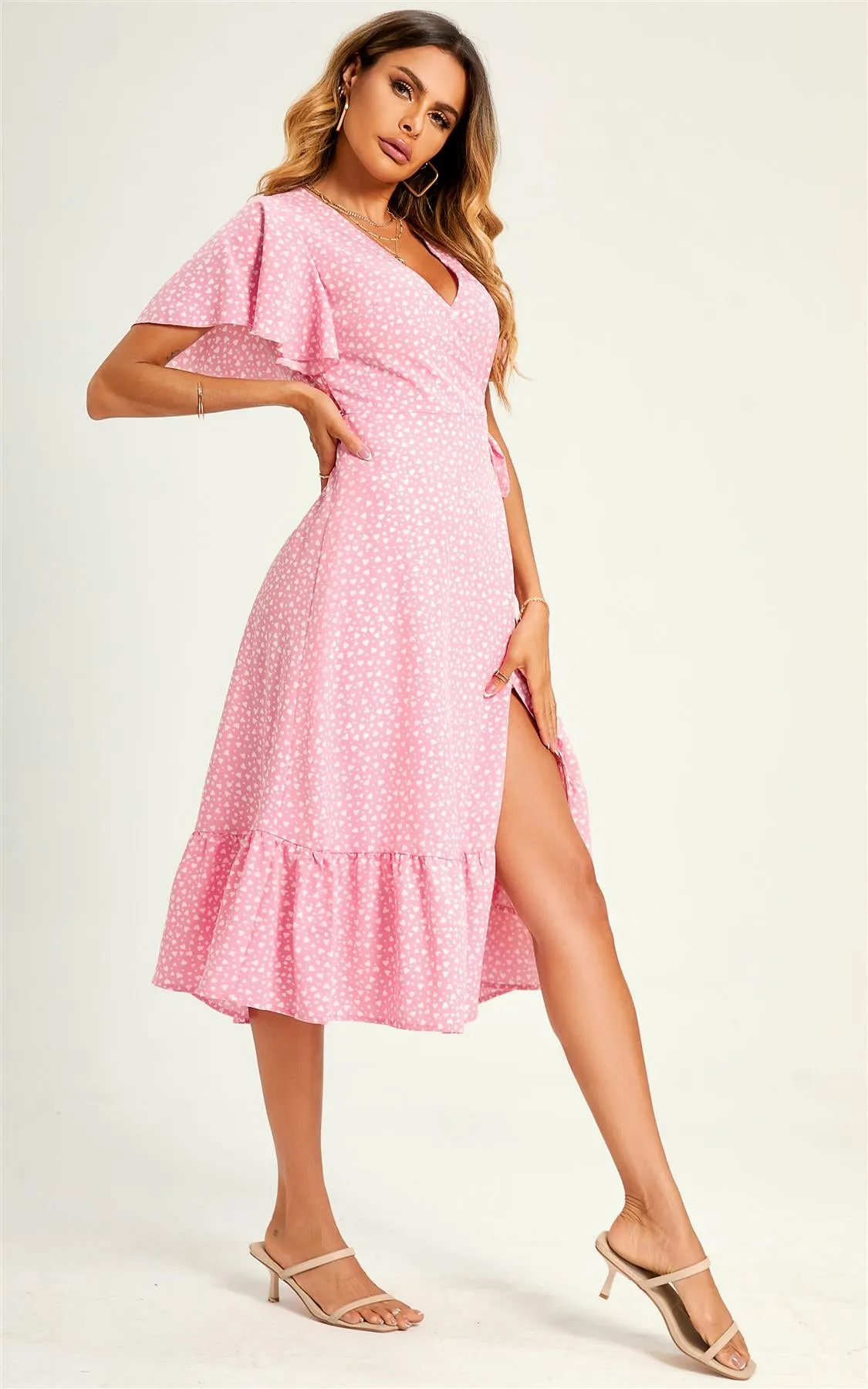 Lovely Heart Print Hem Tiered Wrap Midi Dress In Pink