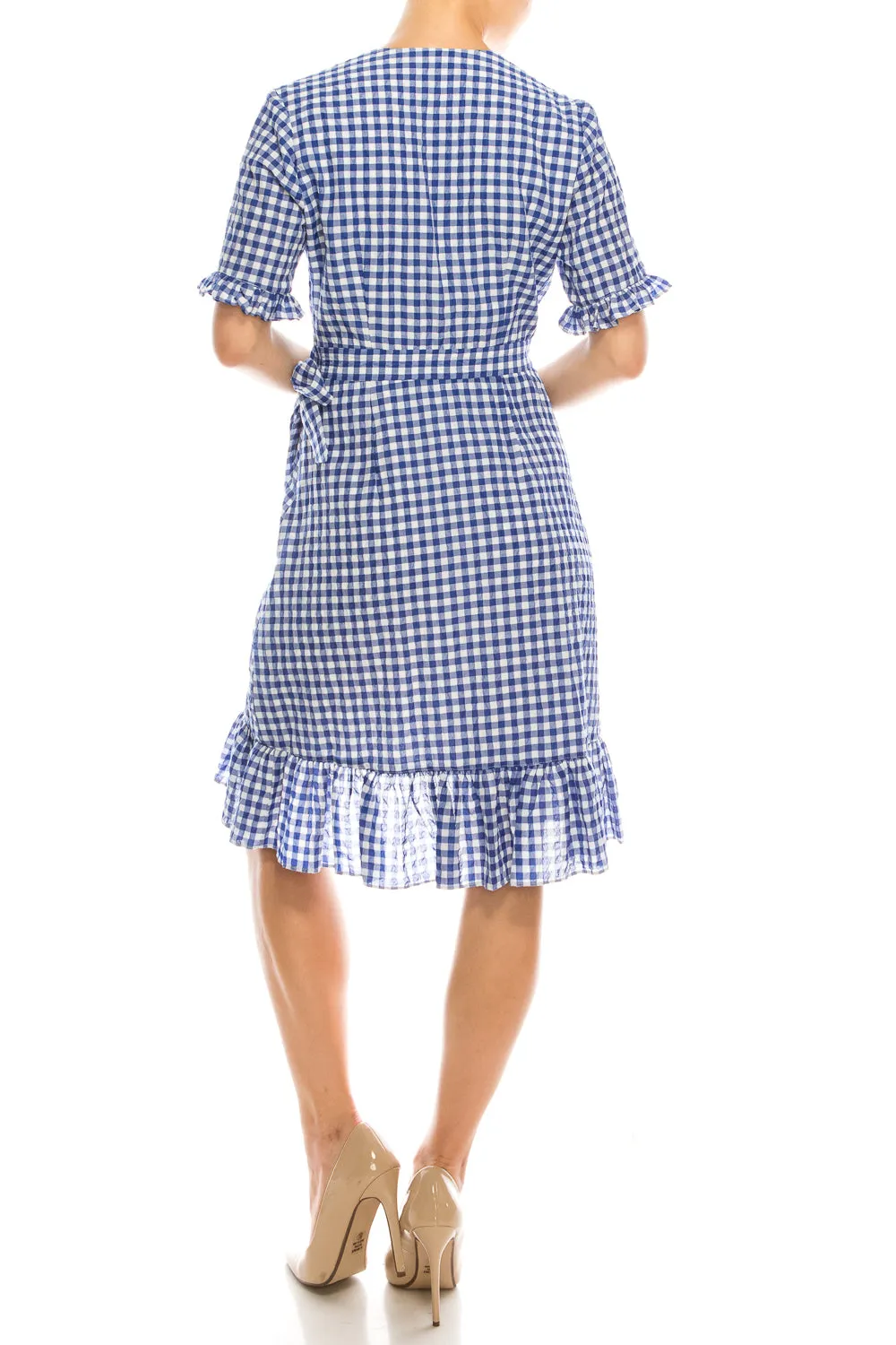 Maggy London Blue White Gingham Printed Ruffled Dress