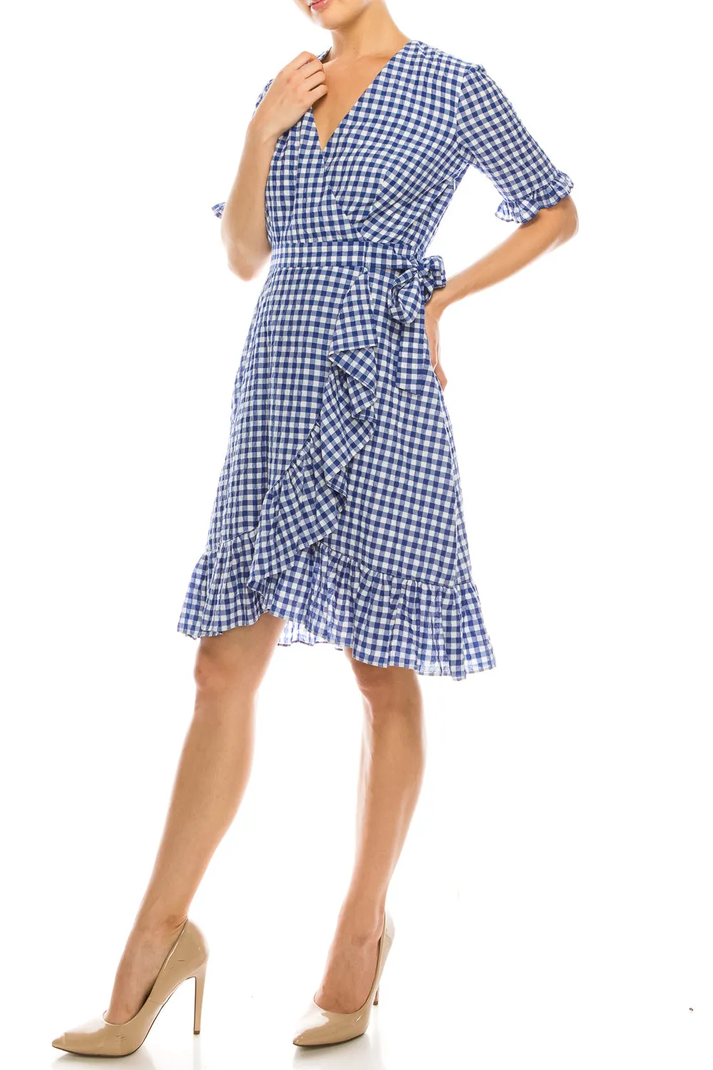 Maggy London Blue White Gingham Printed Ruffled Dress