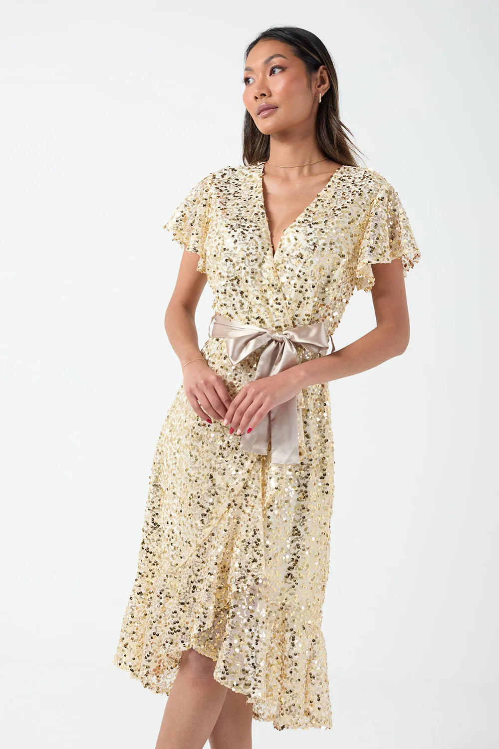Marc Angelo Sequin Wrap Dress in gold