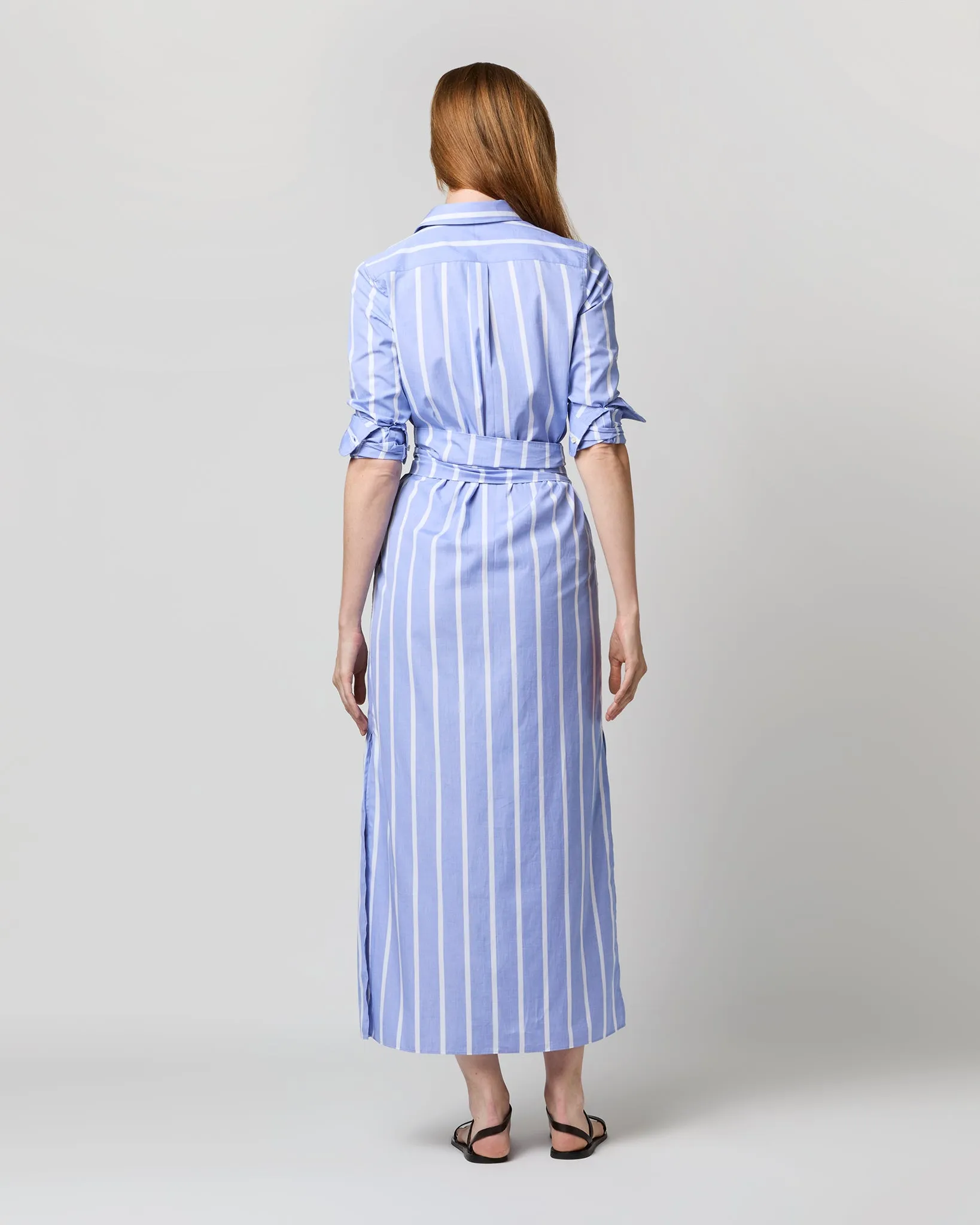 Maxi Tie-Waist Shirtdress in Blue/White Bold Stripe End-On-End