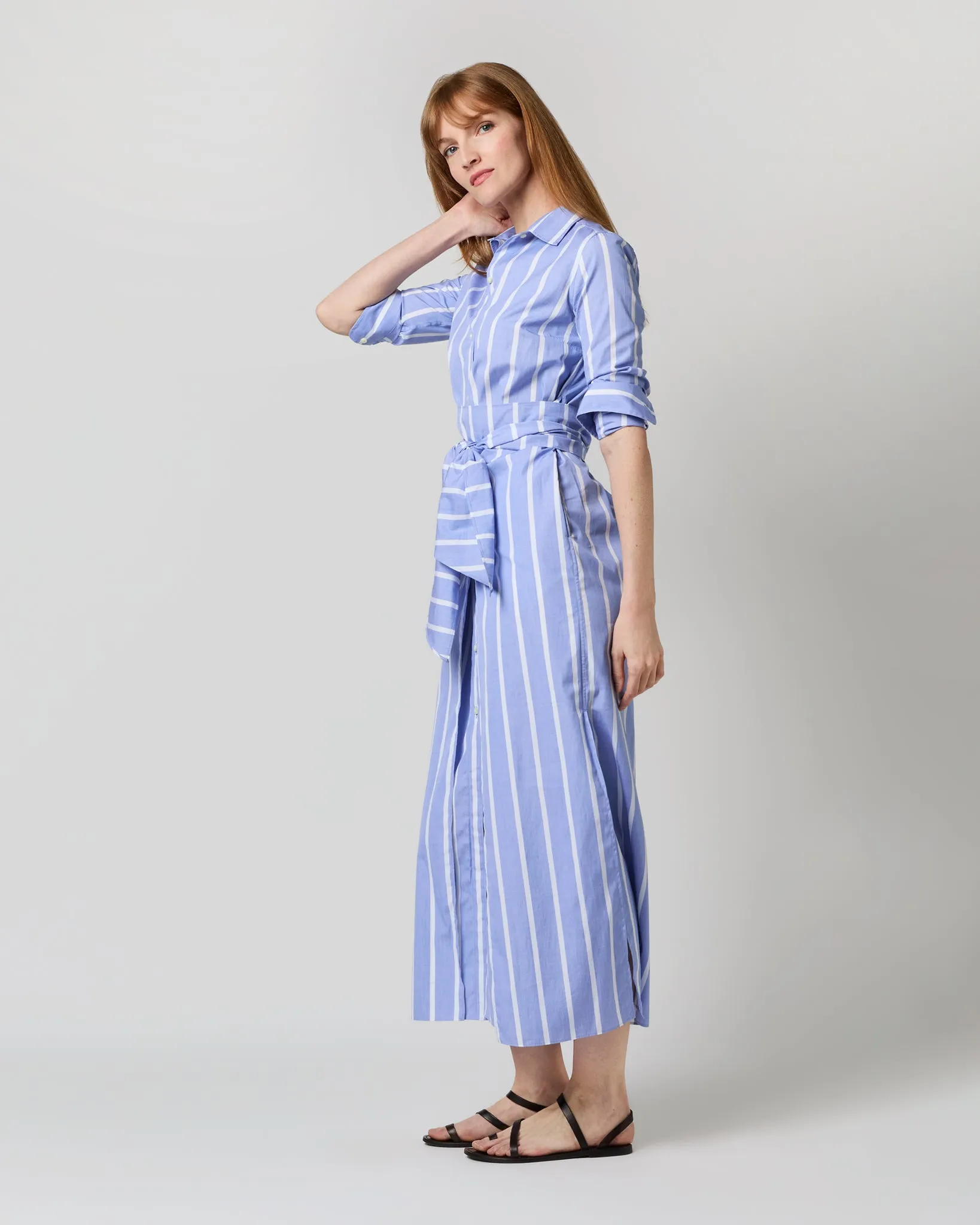 Maxi Tie-Waist Shirtdress in Blue/White Bold Stripe End-On-End