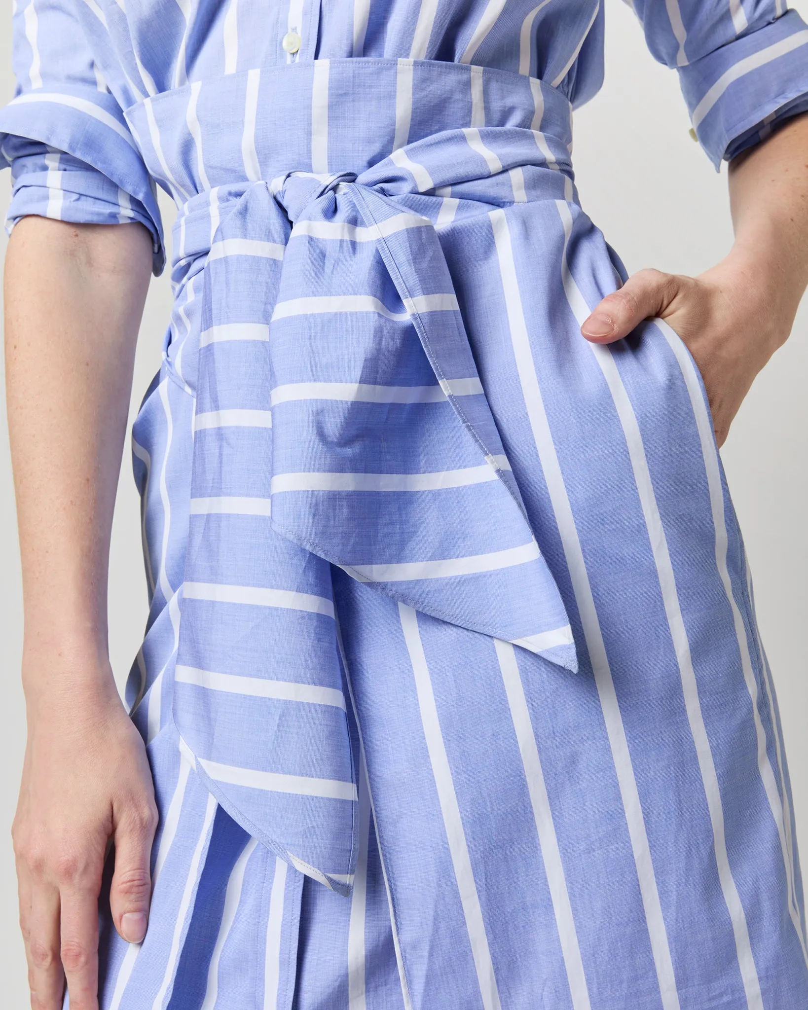 Maxi Tie-Waist Shirtdress in Blue/White Bold Stripe End-On-End