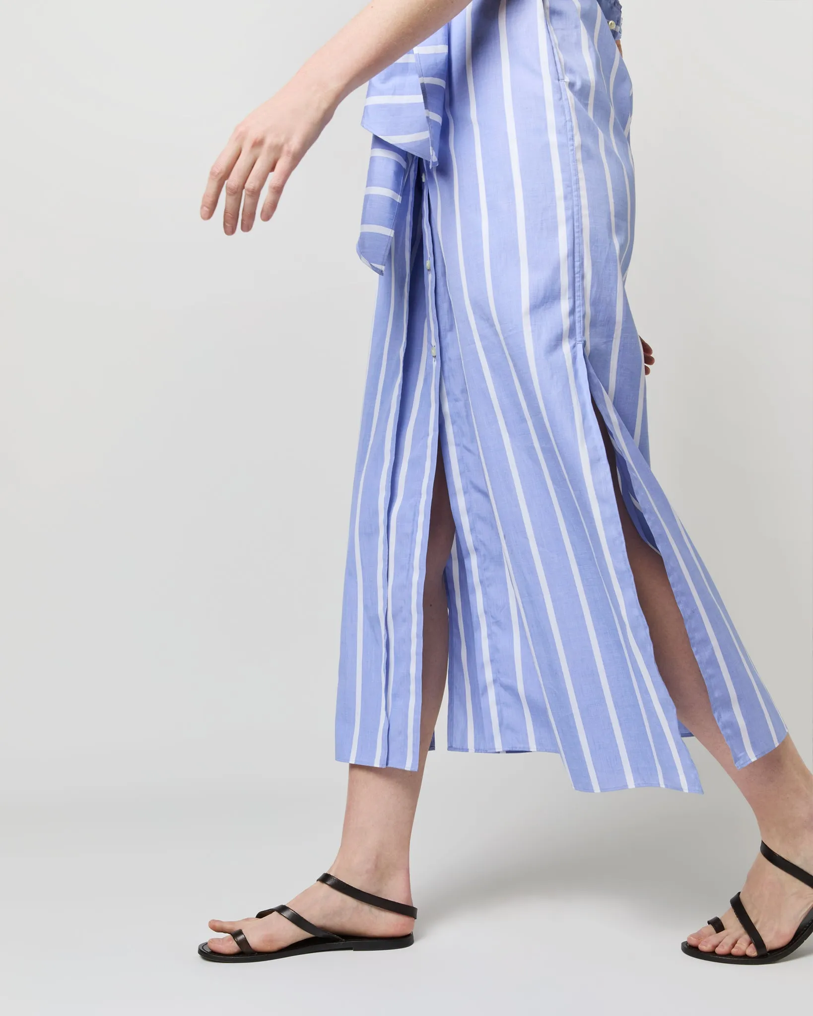 Maxi Tie-Waist Shirtdress in Blue/White Bold Stripe End-On-End