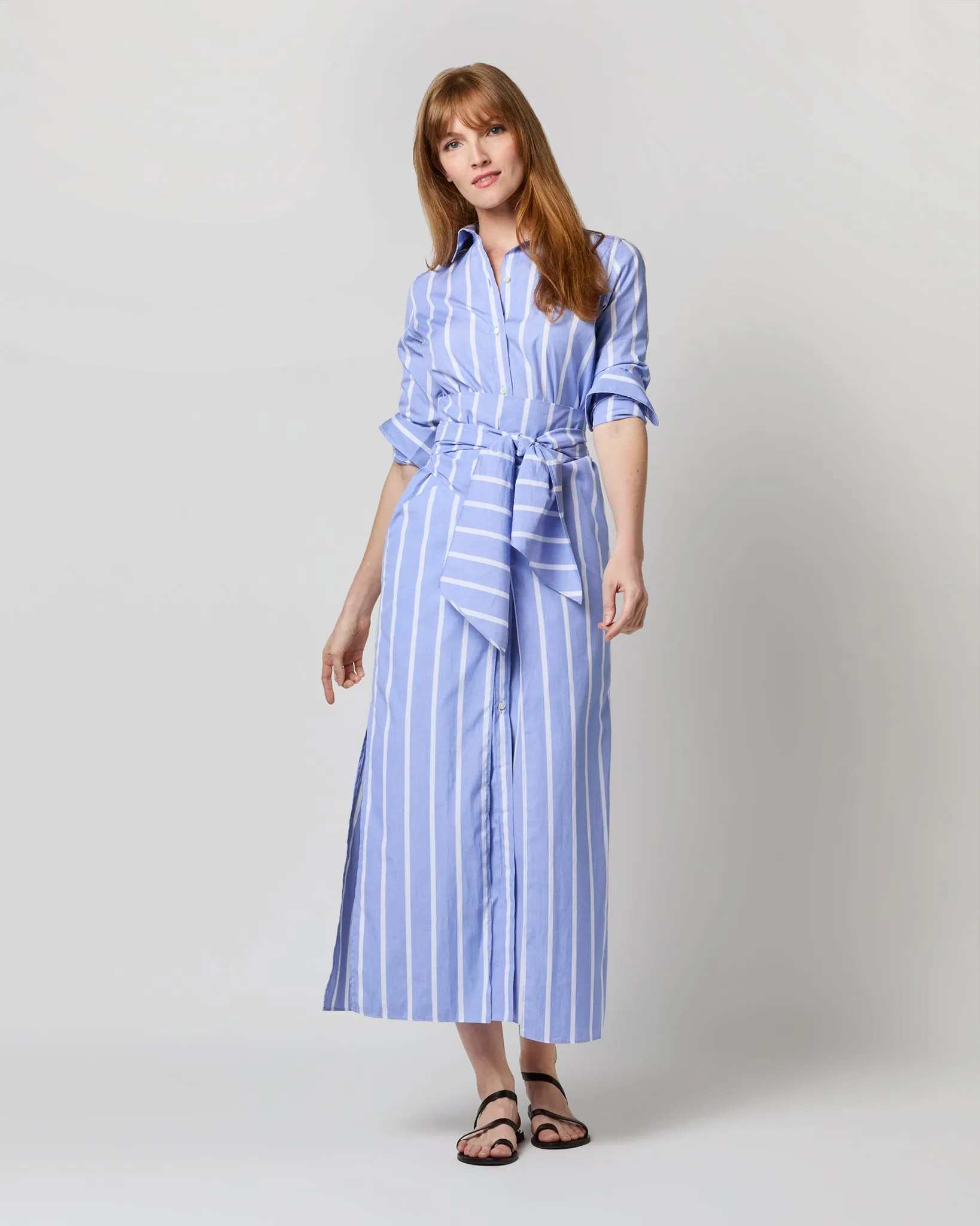Maxi Tie-Waist Shirtdress in Blue/White Bold Stripe End-On-End