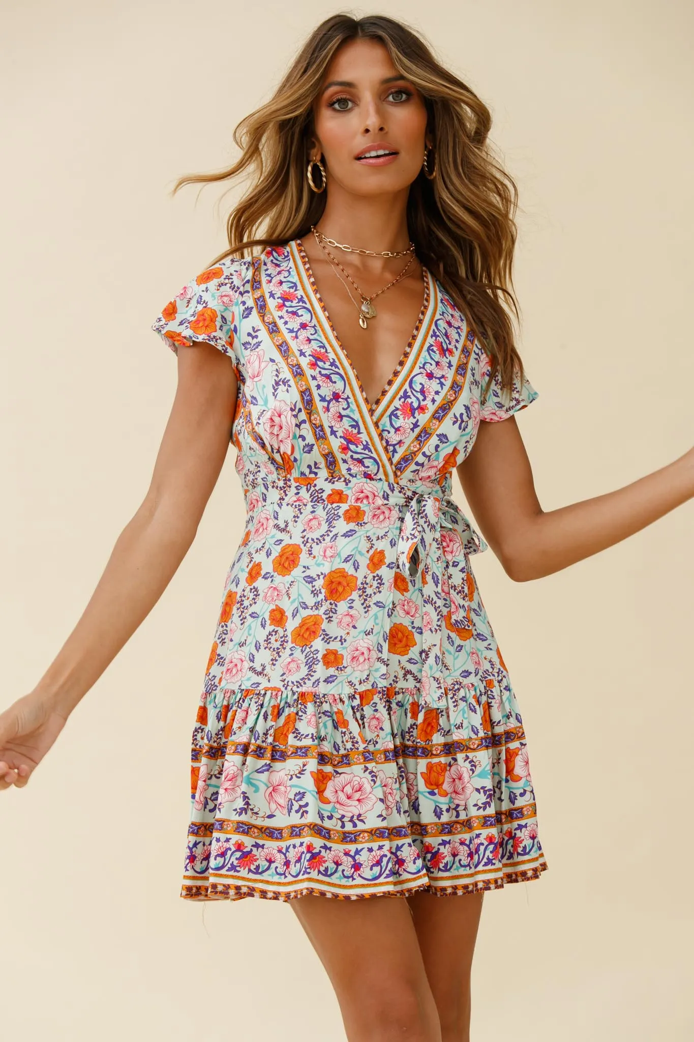 Mayan Angel Sleeve Waist Tie Wrap Dress Floral Print Mint/Pink