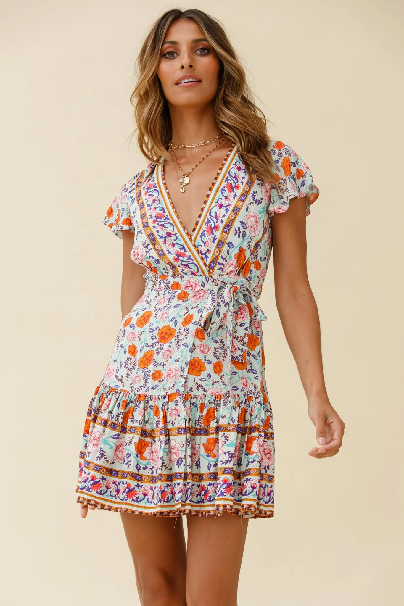 Mayan Angel Sleeve Waist Tie Wrap Dress Floral Print Mint/Pink