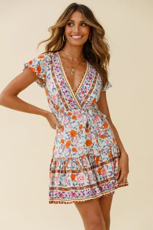 Mayan Angel Sleeve Waist Tie Wrap Dress Floral Print Mint/Pink