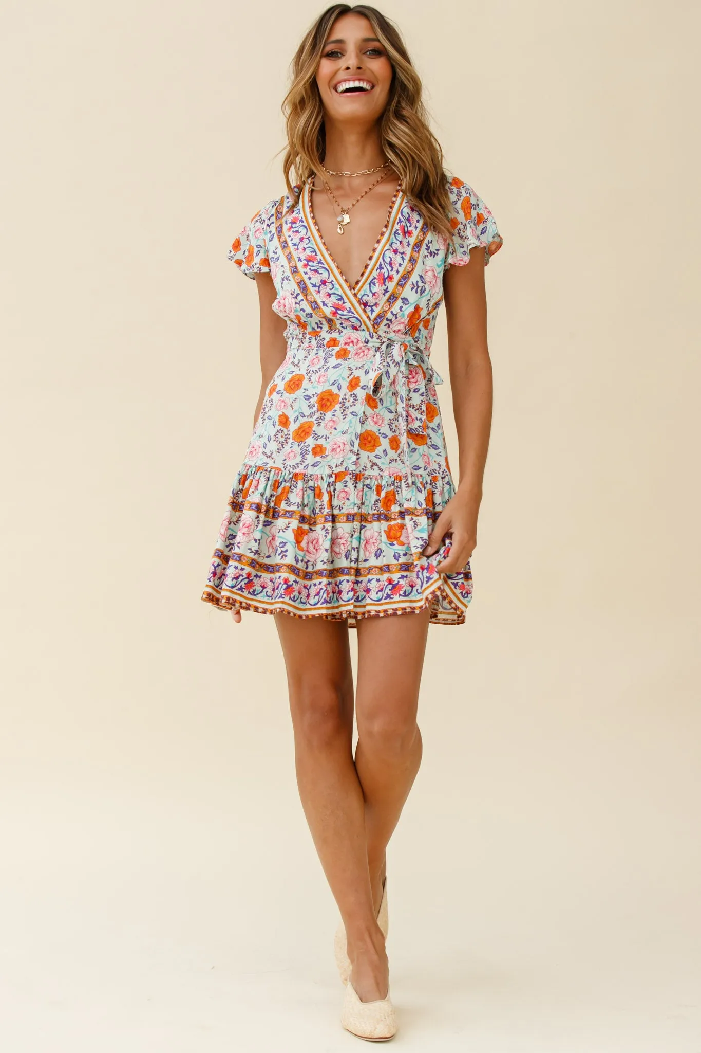 Mayan Angel Sleeve Waist Tie Wrap Dress Floral Print Mint/Pink