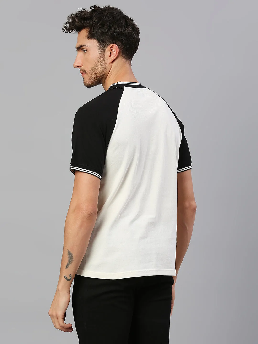 Men's Pure Cotton Panel Half Sleeves Henley T-Shirt (White)