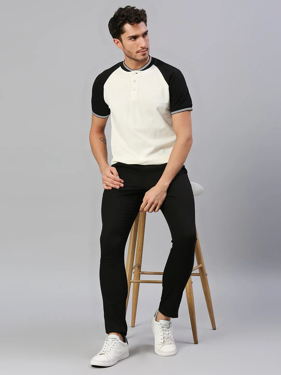 Men's Pure Cotton Panel Half Sleeves Henley T-Shirt (White)