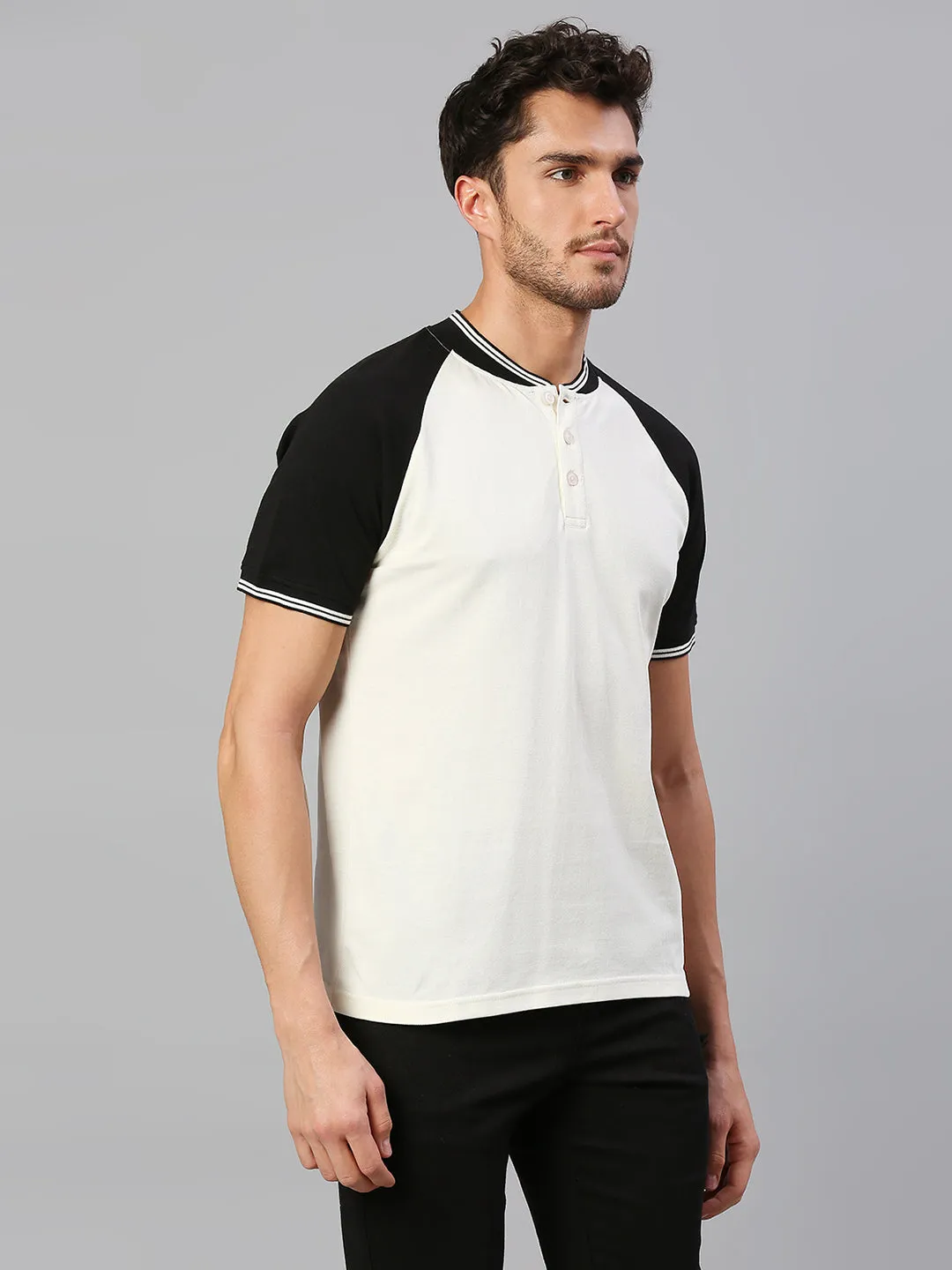 Men's Pure Cotton Panel Half Sleeves Henley T-Shirt (White)