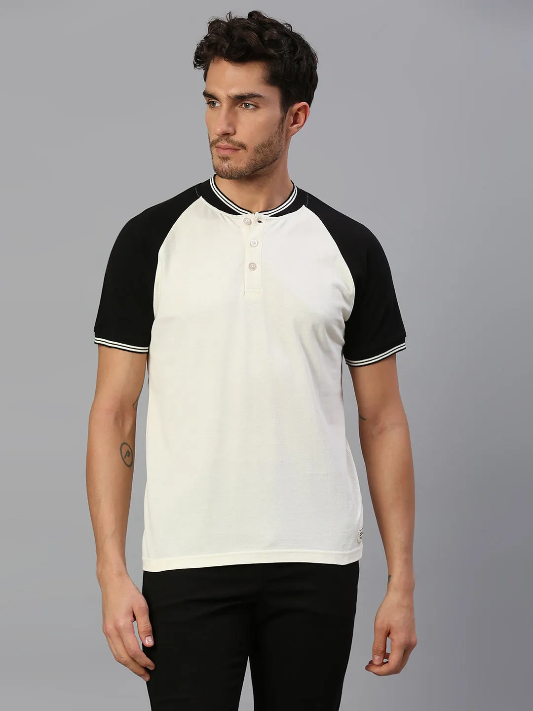 Men's Pure Cotton Panel Half Sleeves Henley T-Shirt (White)