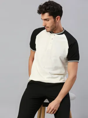 Men's Pure Cotton Panel Half Sleeves Henley T-Shirt (White)