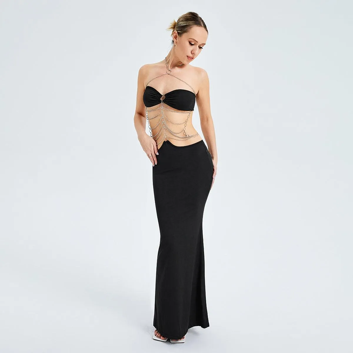 Metal Chain Halterneck Cutout Party Dress - Bold and Daring