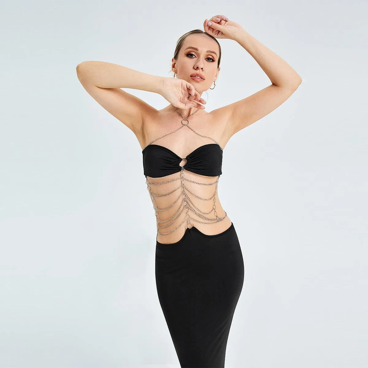 Metal Chain Halterneck Cutout Party Dress - Bold and Daring