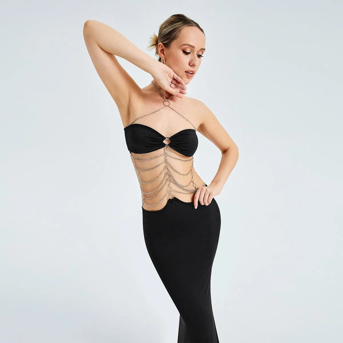 Metal Chain Halterneck Cutout Party Dress - Bold and Daring