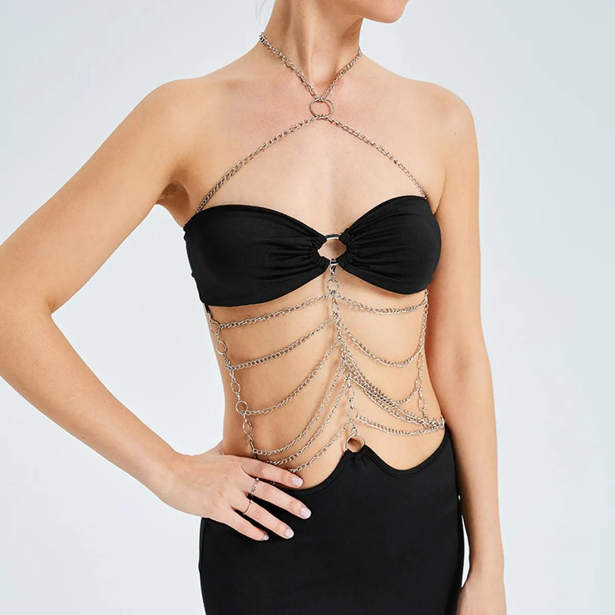 Metal Chain Halterneck Cutout Party Dress - Bold and Daring