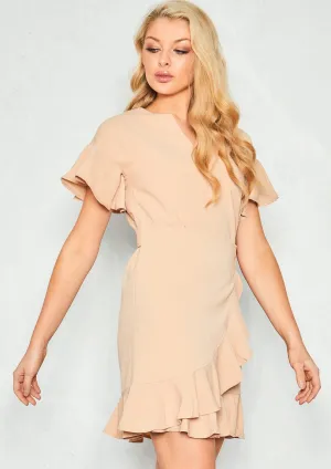 Mia Beige Crepe Front Wrap Ruffle Mini Dress