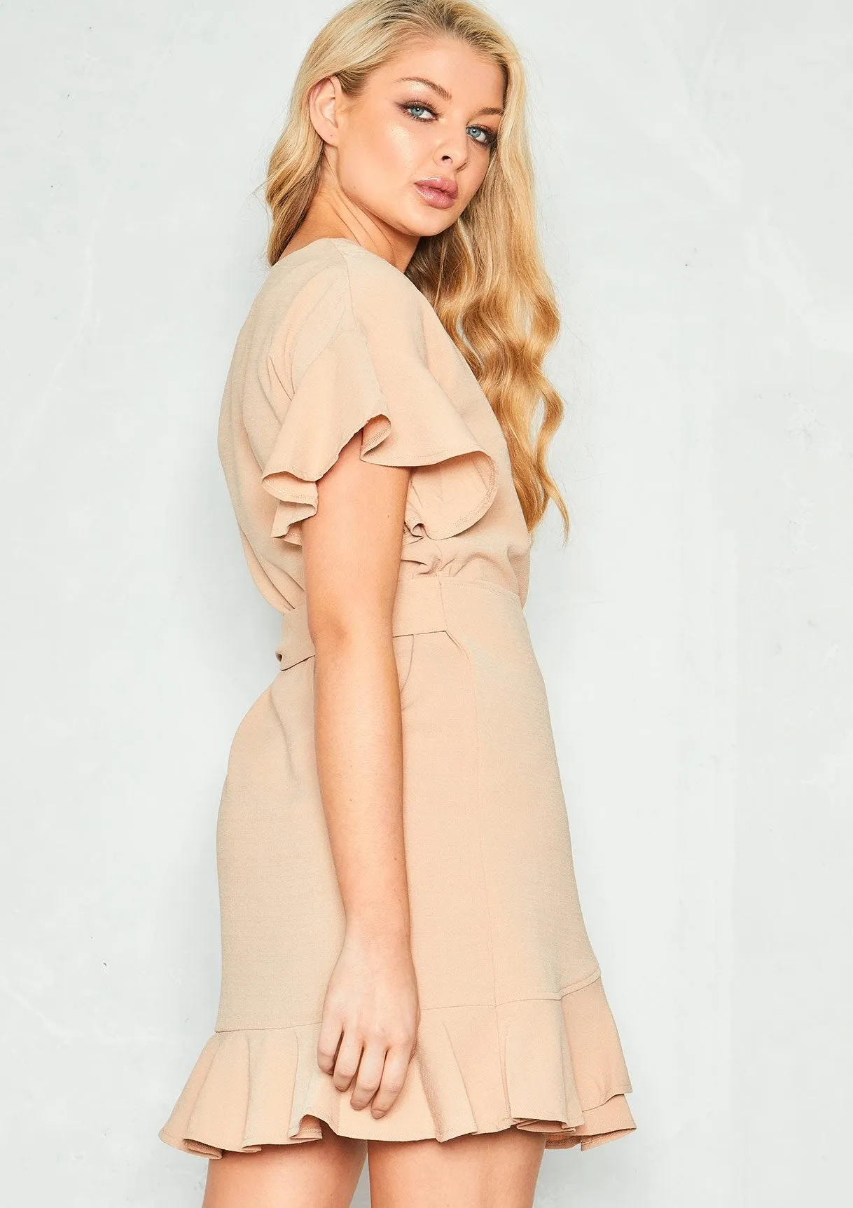 Mia Beige Crepe Front Wrap Ruffle Mini Dress