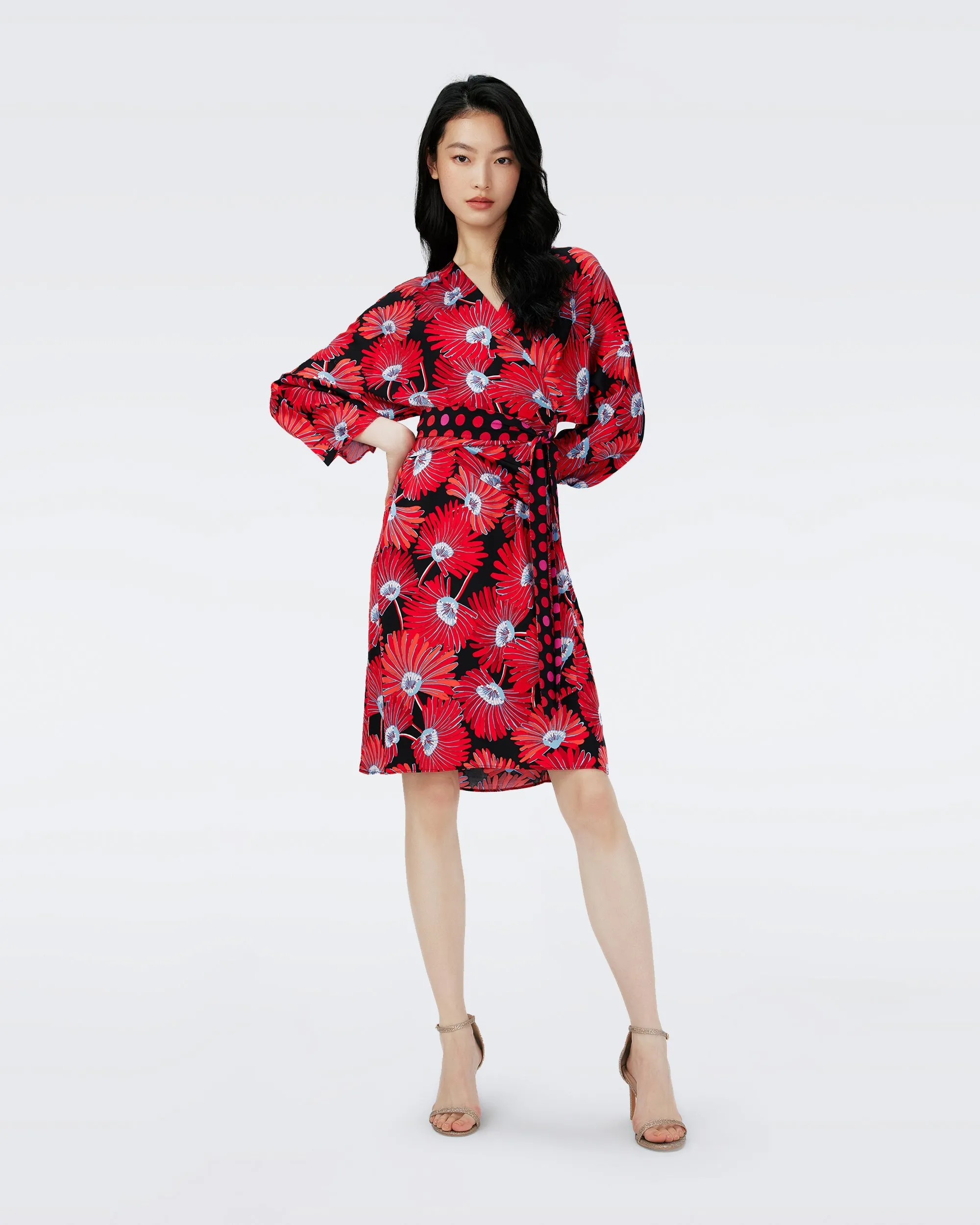MIKAH FAUX WRAP DRESS IN FEATHER FAN