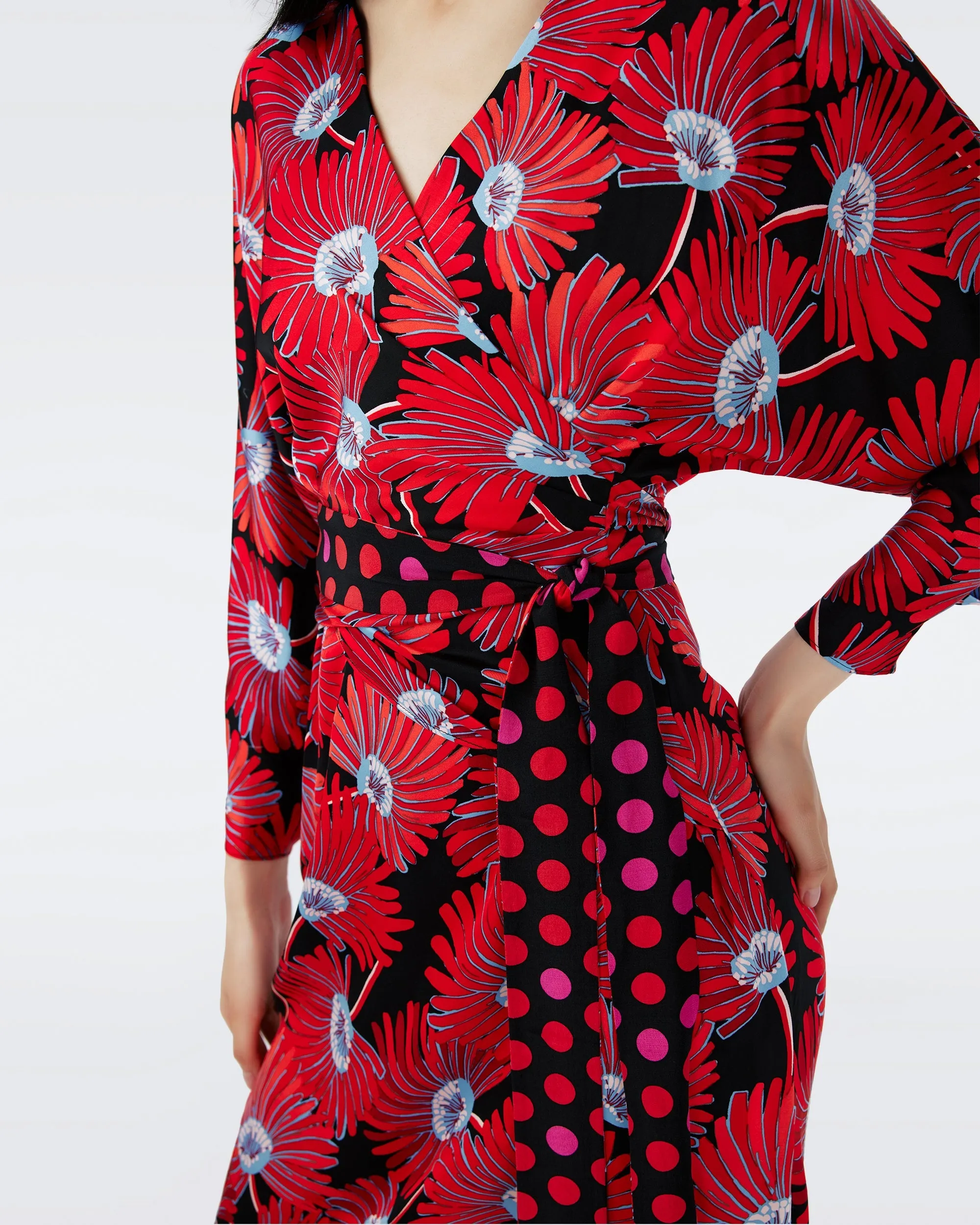 MIKAH FAUX WRAP DRESS IN FEATHER FAN