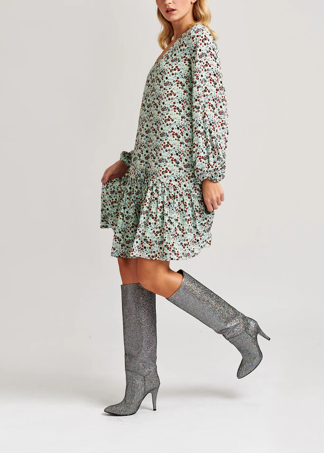 Mint green floral-print wrap mini dress