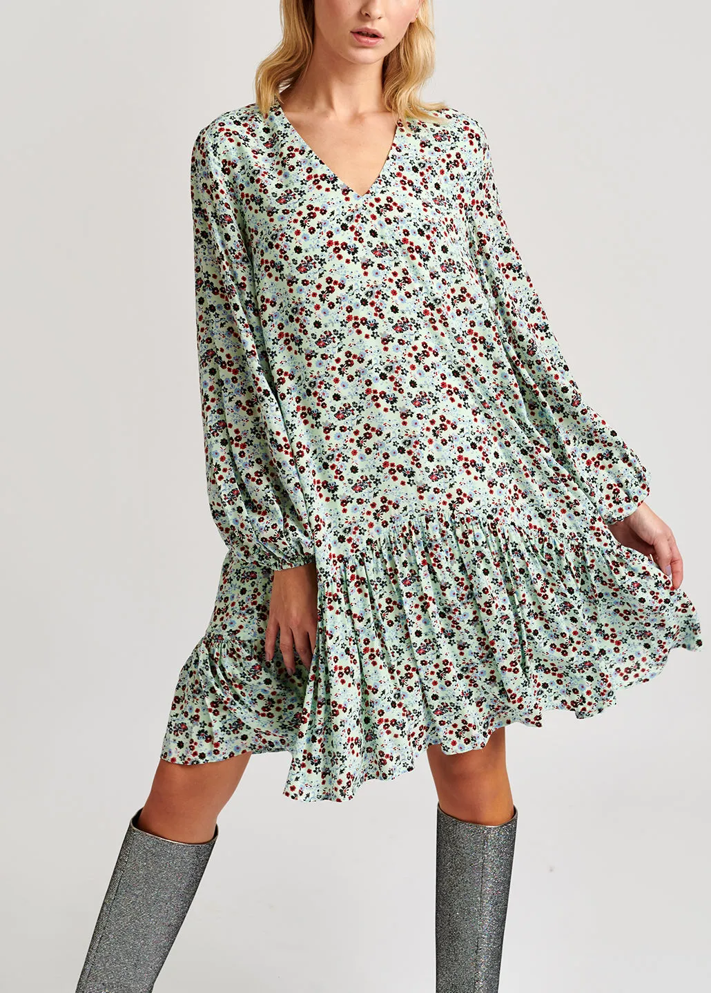 Mint green floral-print wrap mini dress